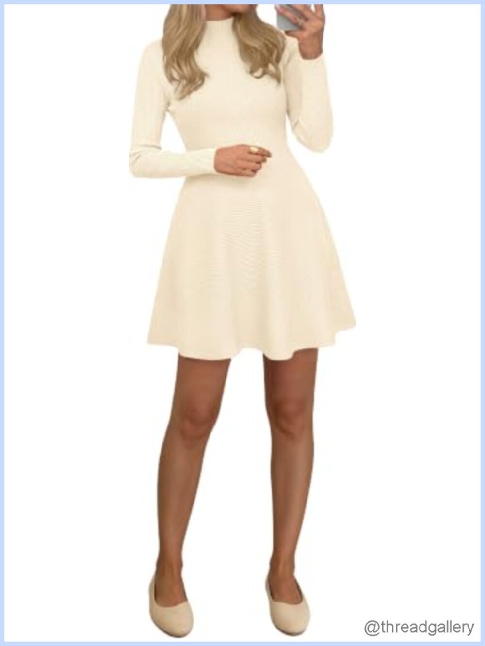 Ribbed Knit Mock Neck A-Line Short Sweater Dress Long Sleeve Fall Wedding Guest